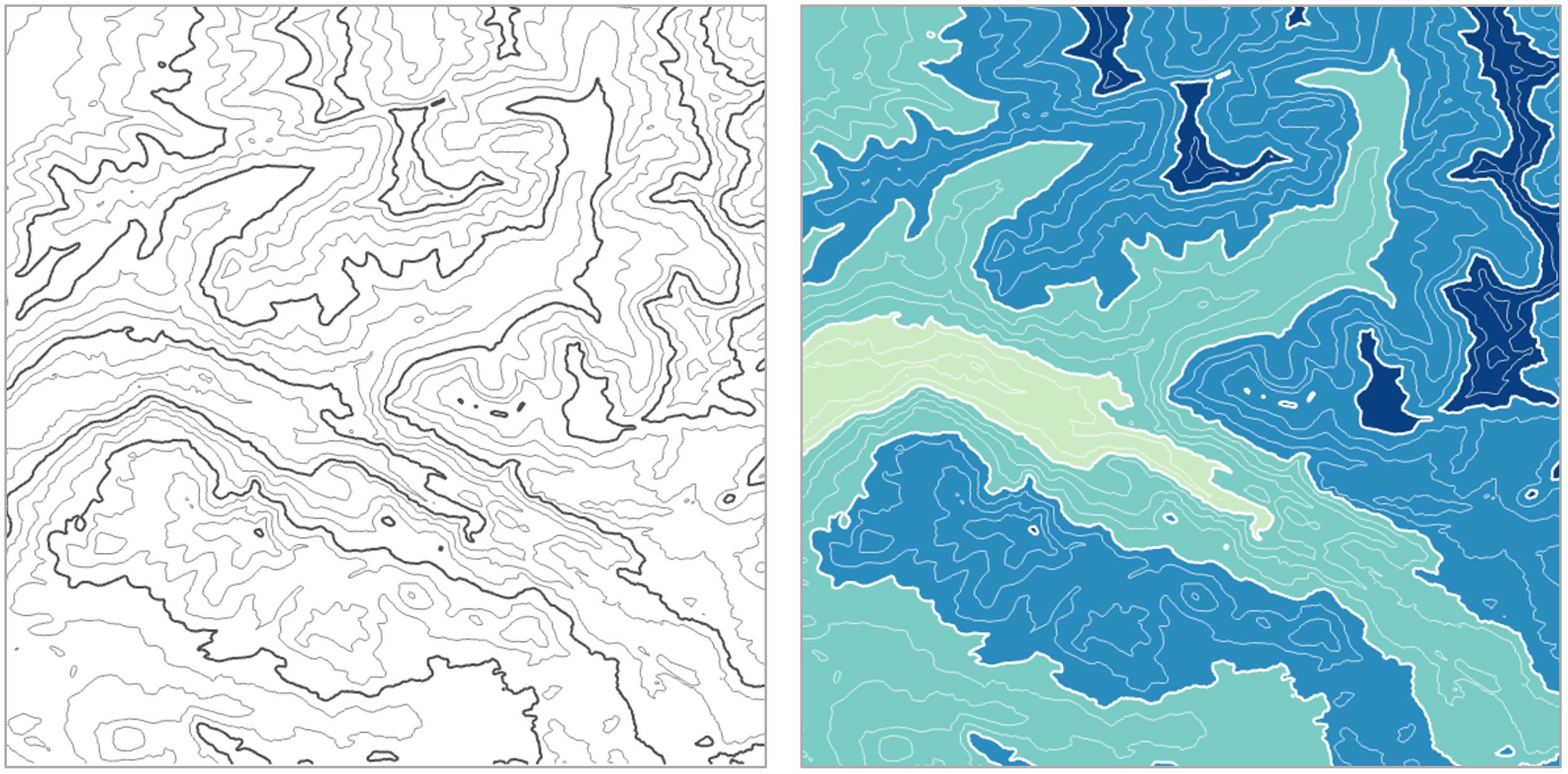 Two topographic maps, the left in black and white and the right in color.