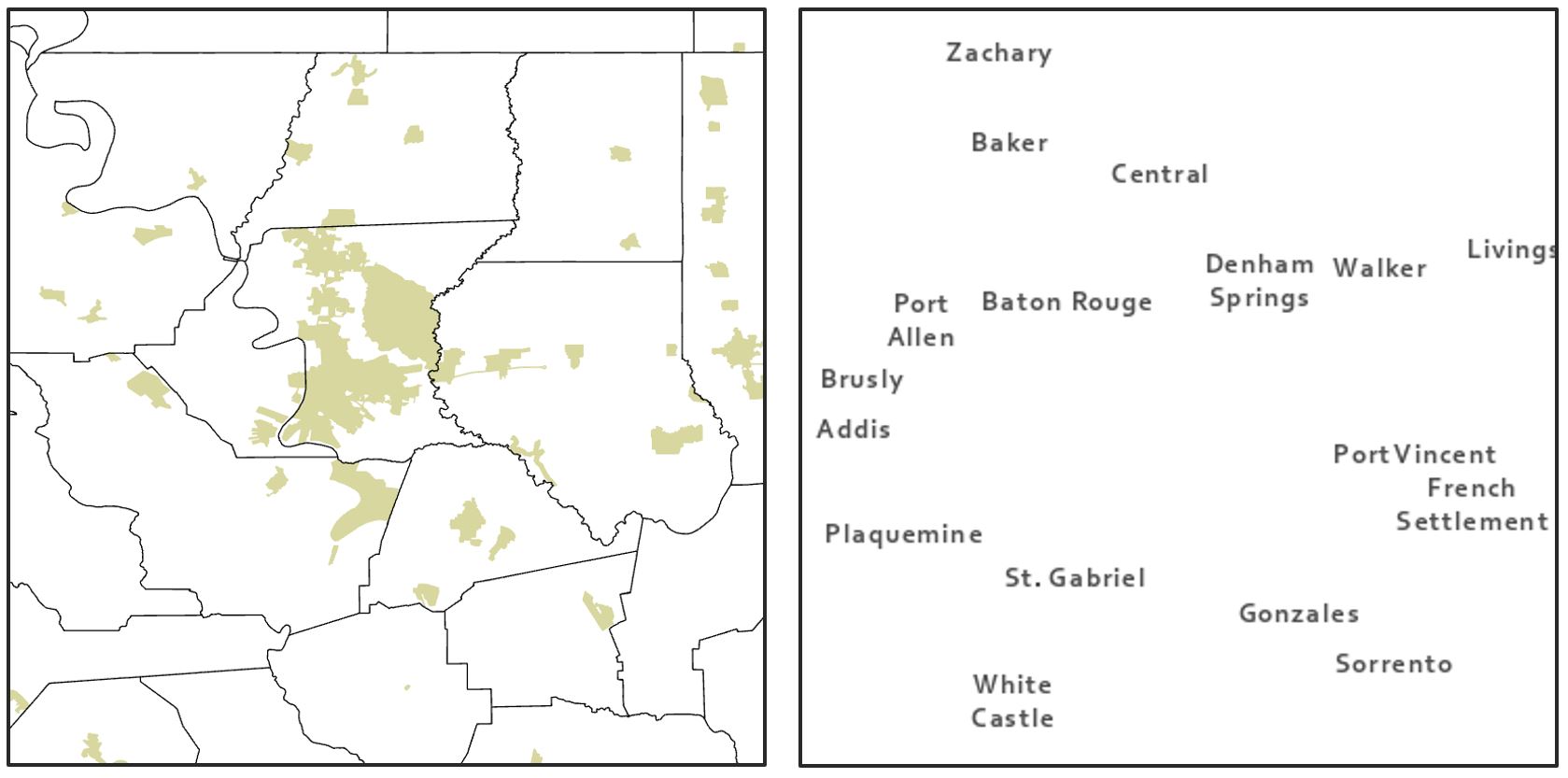 Map of various regions with some areas highlighted in light green, alongside a list of corresponding location names.