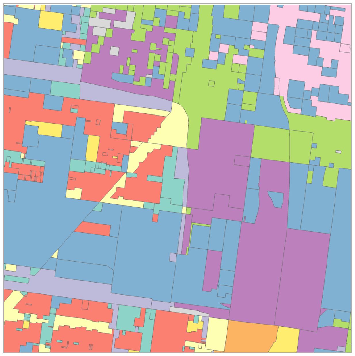 Color-coded map with various rectangular and irregular polygons in blue, red, green, yellow, purple, and pink.