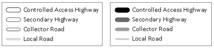 Two road classification legends side by side. Each legend has four labeled horizontal bars: Controlled Access Highway, Secondary Highway, Collector Road, and Local Road.