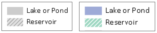 Two legend boxes showing different color codes for "Lake or Pond" and "Reservoir."