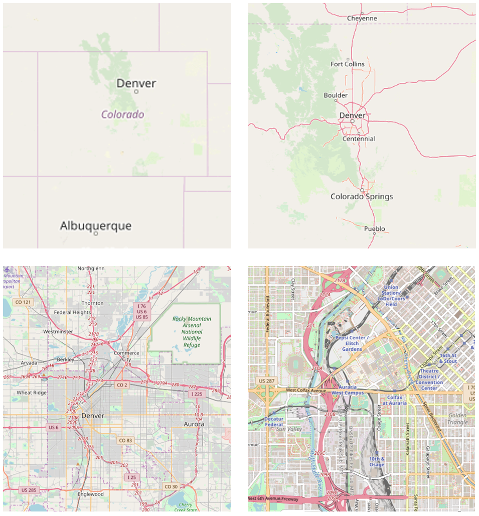 A composite image of four maps showing varying levels of detail for Denver, Colorado and surrounding areas.