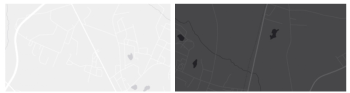 Side-by-side comparison of a light gray map and a dark gray map depicting the same area with different color schemes.