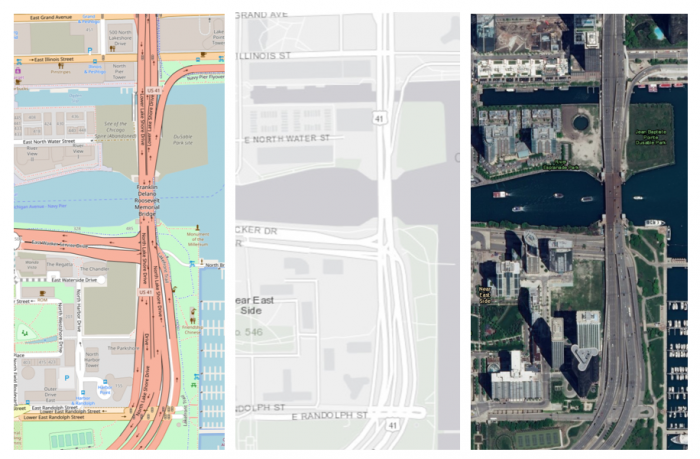 Three vertical panels showing different types of maps: detailed street map, grey-scale street map, and satellite image.