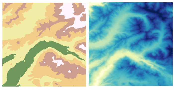 Two side by side maps; the left is vectorized terrain uses beige, yellow, green, pink, brown, and white, and the right is a raster image that uses blue, green, yellow, and white colors to depict elevation and terrain.