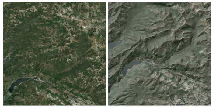 The image consists of three side-by-side panels, each showing different representations of hillshade and curvature.