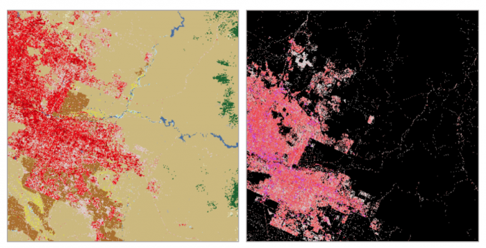 The image is a side-by-side comparison of two maps, highlighting different data visualizations of what appears to be the same geographic area. Both maps are in rectangular frames.