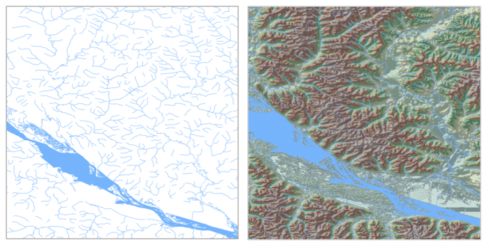 Two maps showing waterways and topography side-by-side. The left is a simple blue line map of rivers; the right is a detailed topographic map.