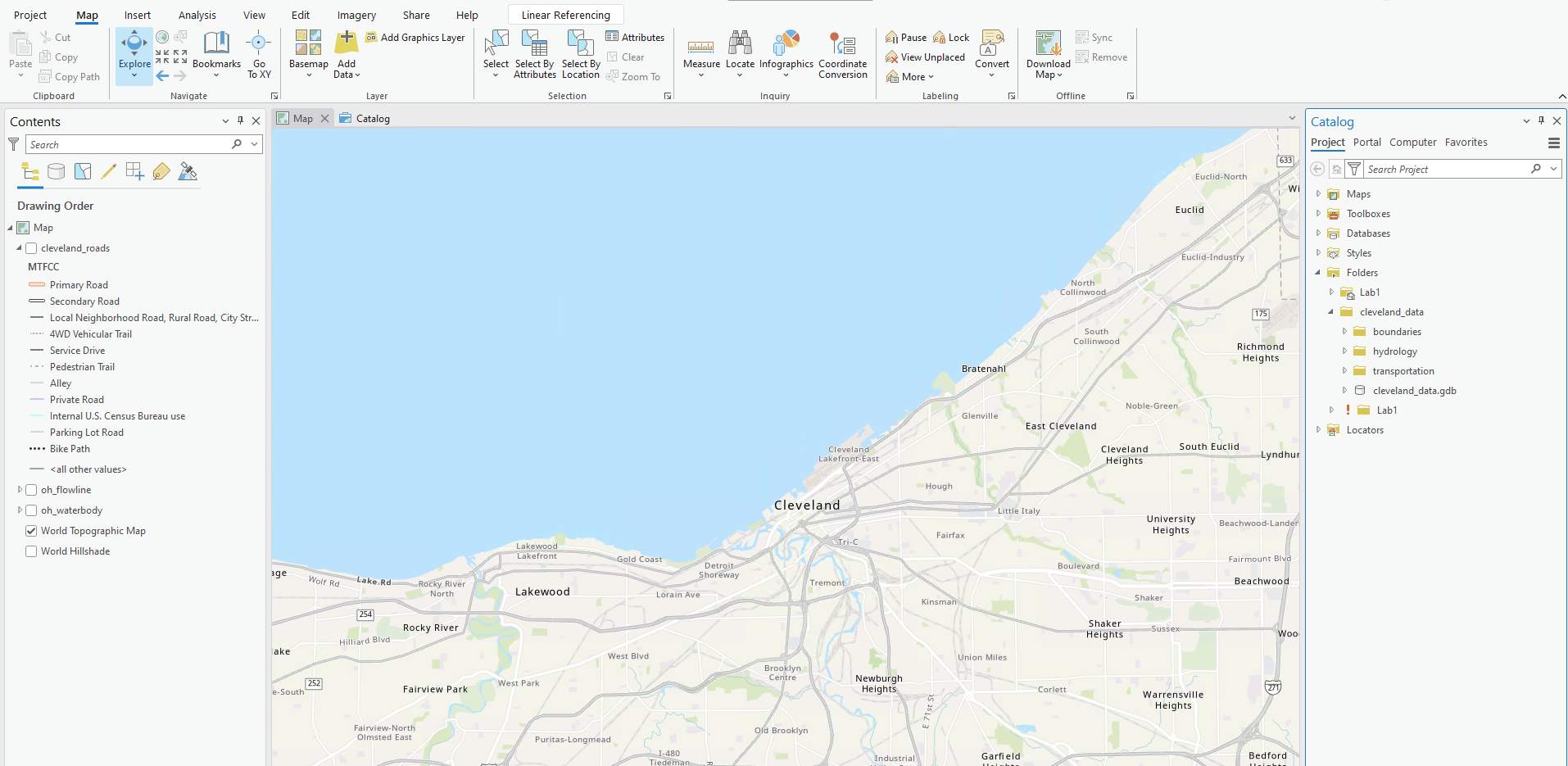 ArcGIS Pro Project displaying a basemap that is focused on the city of Cleveland.