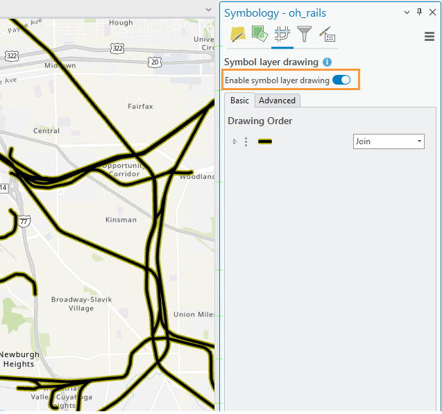 Roads features with a black fill and olive green outline with no multiple segments.