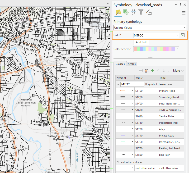 ArcGIS Pro symbology panel with an orange box highlighting the MTFCC field, which is the field the primary symbology is based off of.