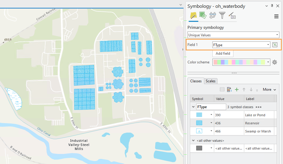 ArcGIS Pro symbology panel with an orange box highlighting the FType field which is the field the symbology is based off of.