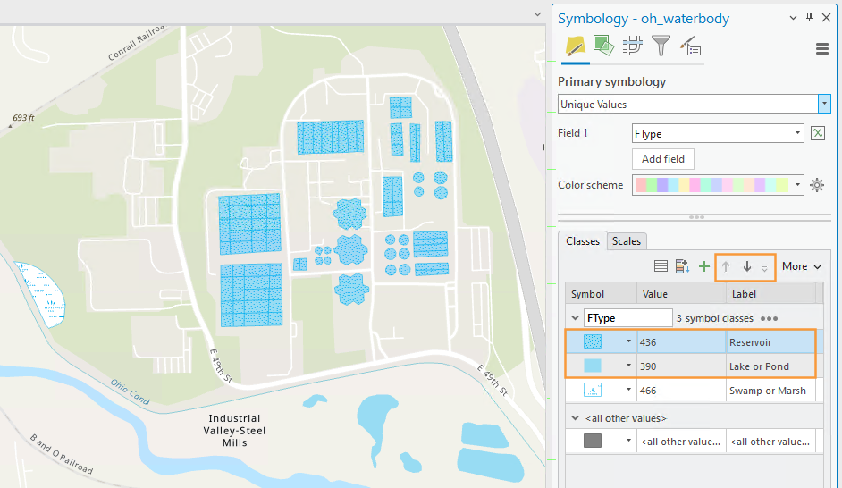 ArcGIS Pro symbology interface showing the reservoir label being moved to the top in which the Lake or Pond label was previously on top.