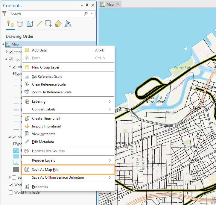 Map options on display in the contents panel in which the Save As Map File option is highlighted.