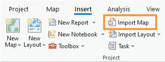 ArcGIS Pro Insert ribbon with the Import Map option highlighted with an orange box. 