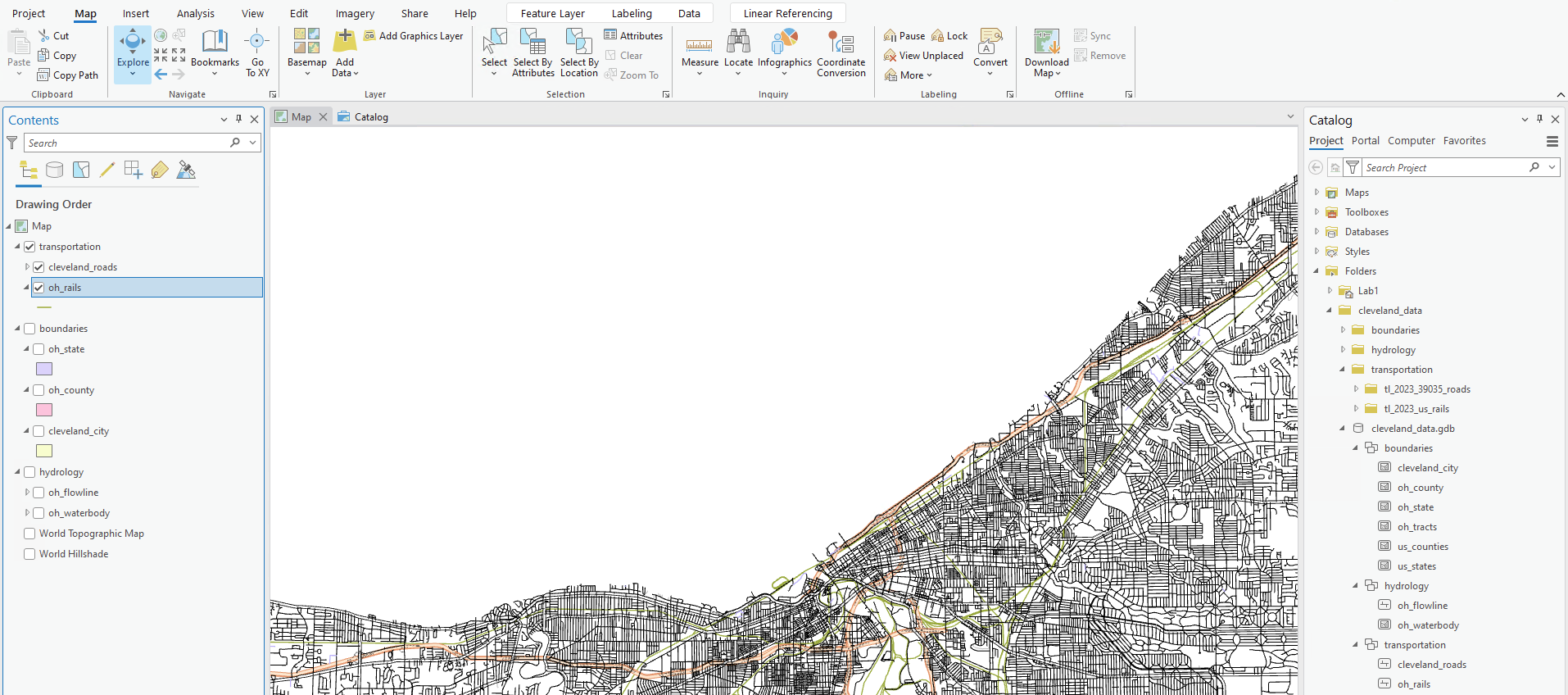 ArcGIS Pro Project Interface which shows the layers in the contents panel and transportation features in the map window.