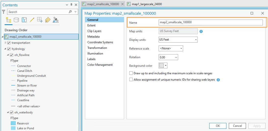 ArcGIS Pro Map Properties window highlighting the Name field with an orange box.