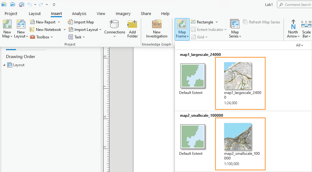 Map frame option in ArcGIS Pro in which two map frames can be added.