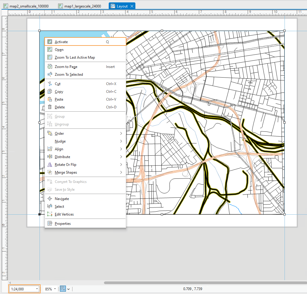 ArcGIS Pro layout interface with the layout options menu on display and the activate option highlighted with an orange box.