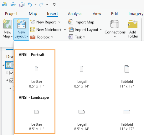 ArcGIS Pro layout options ribbon with the 8.5" x 11" ANSI Portrait and Landscape options highlighted with an orange box.