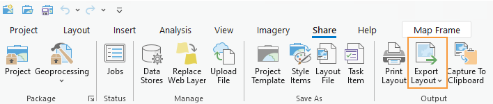 ArcGIS Pro Ribbon interface with the Export Layout option highlighted with an orange box.