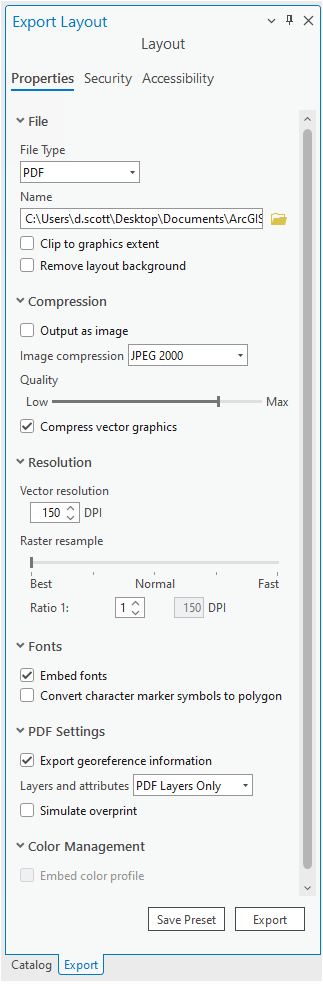 ArcGIS Pro Export Layout panel.