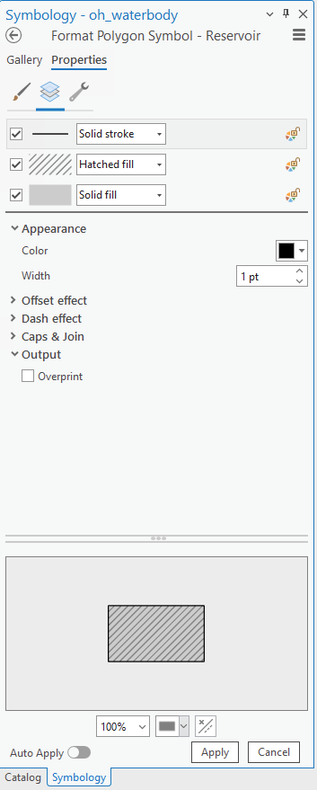 ArcGIS Pro symbology properties panel in which the reservoir feature symbology is being shown which consists of a solid grey stroke, hatched grey fill, and solid light grey fill.