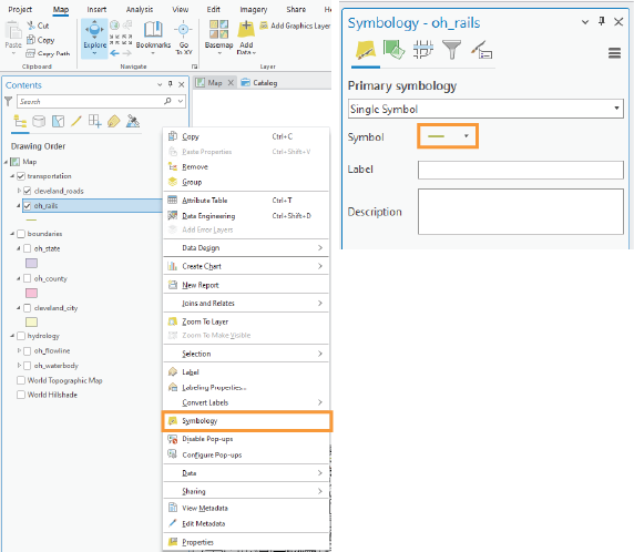 ArcGIS Pro options menu showing various options along with the symbology panel.