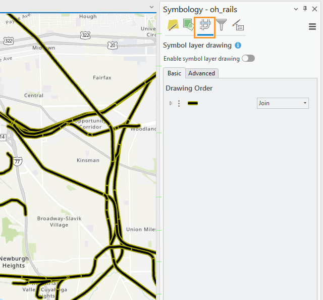 Road features with a black fill and olive green outlines that have multiple segments.