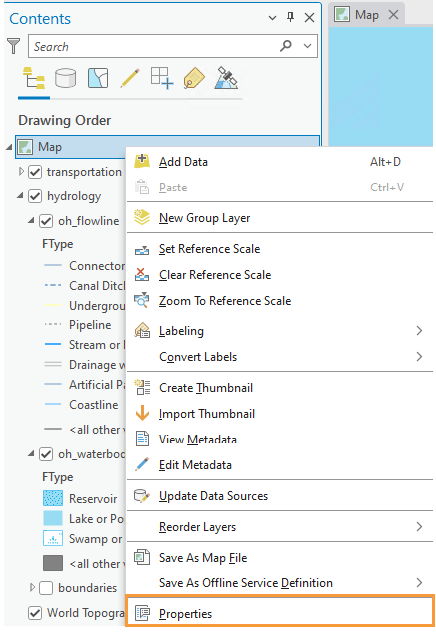 Map options on display in the contents panel in which the Properties option is highlighted.