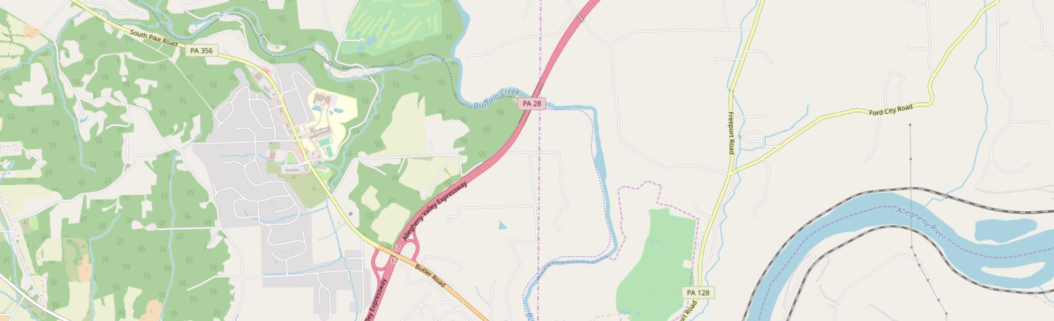 Map featuring PA roads, residential areas, forests, and the Allegheny River.