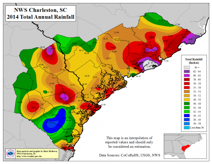 Color-coded map showing total annual rainfall in South Carolina for 2014, with a legend indicating rainfall ranges from less than 36 inches to over 64 inches.