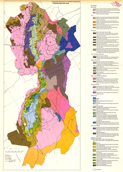 A soil map from Morogora, Tanzania in which different colors indicate different soil types.