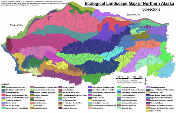 Ecological Landscape Map of Northern Alaska in which different colors indicate different soil types.