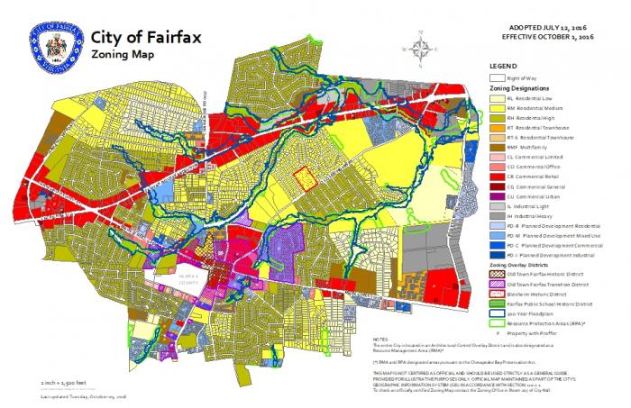 City of Fairfax Zoning Map with color-coded regions indicating different zoning designations.