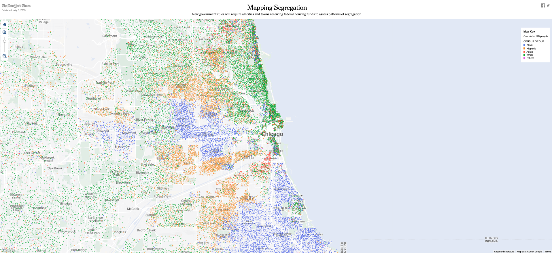 Racial Segregation Map of Chicago which shows racial demographic information with colored dots.