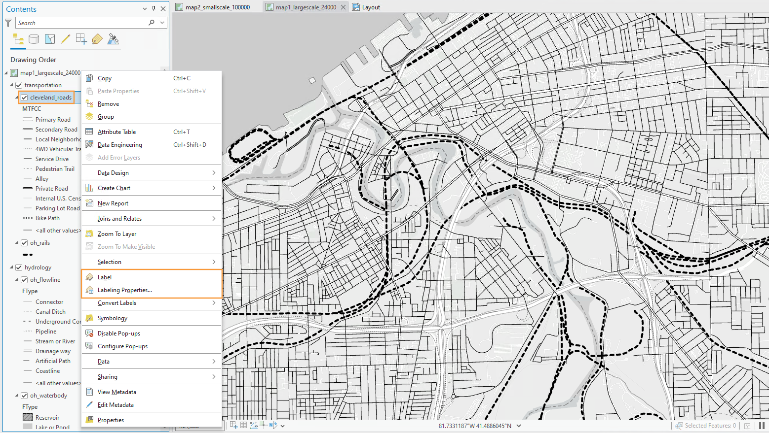 ArcGIS Pro options in which Label and Labeling Properties are highlighted with an orange box. On the right is the Label Class panel which is highlighting the Expression $feature.FULLNAME and is highlighted with an orange box.