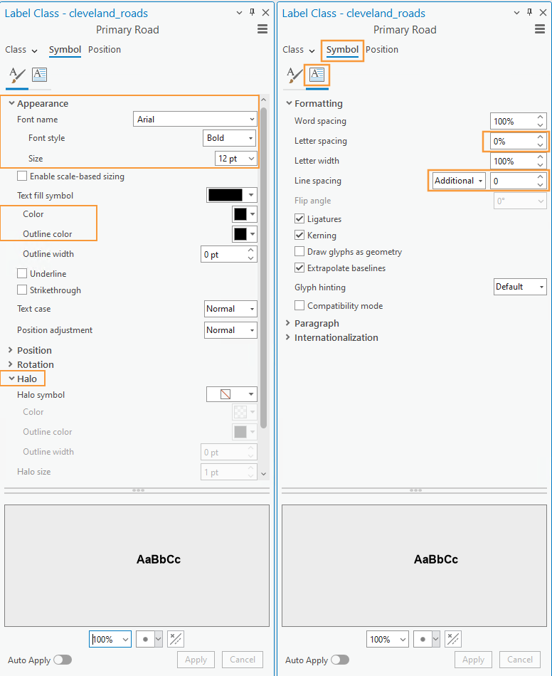 Two label class panels for the cleveland roads feature class. The symbol, appearance, halo, letter spacing, and line spacing are highlighted with orange boxes. 