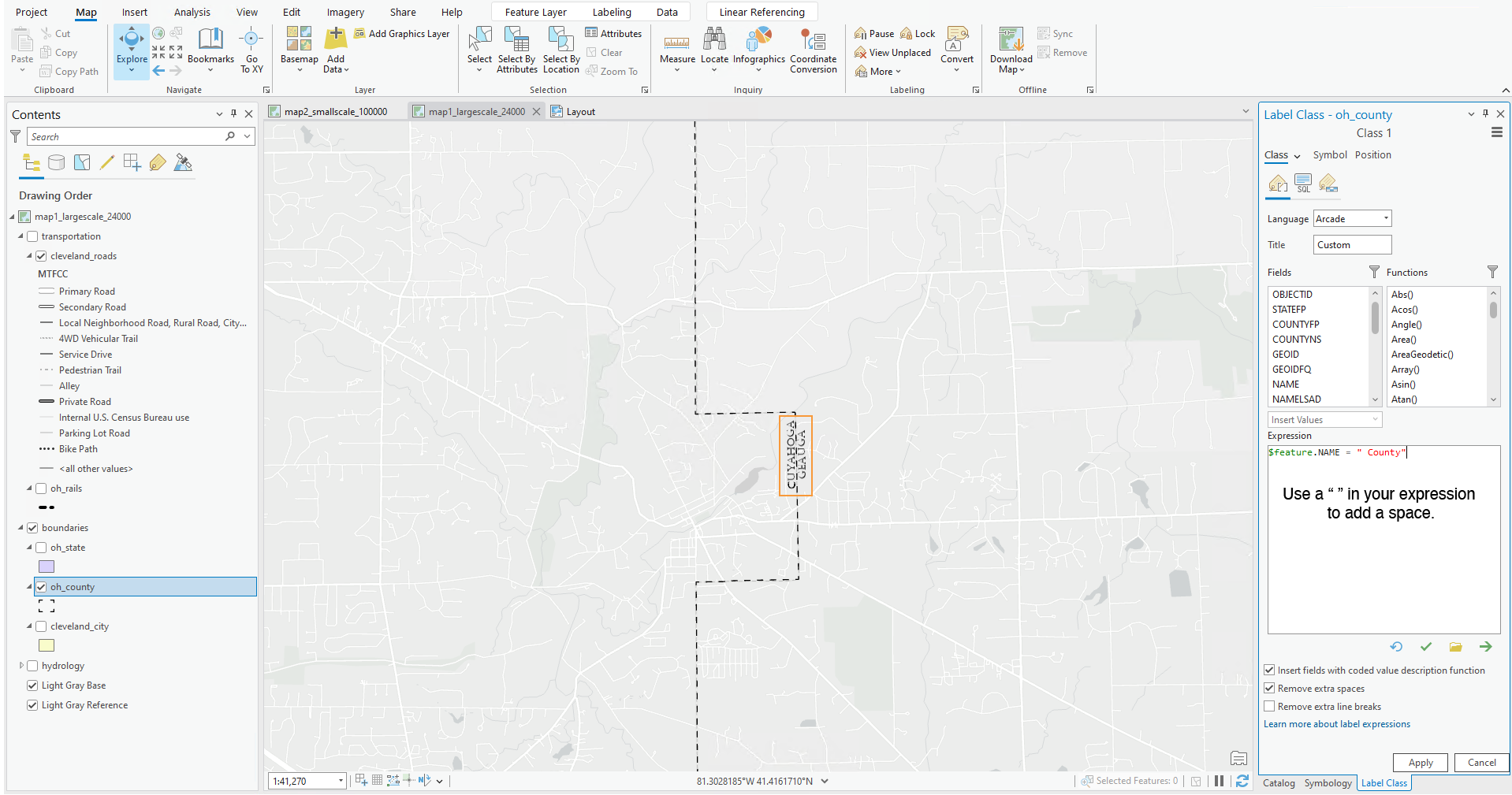 ArcGIS Pro interface highlighting the Cuyahoga and Geauga county lines with an orange box. On the right is the label class property window that shows an SQL query to append "County" to the name of the county.