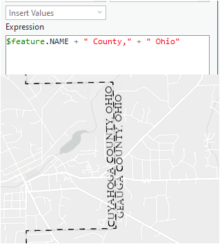 ArcGIS Pro Label class expression window on the top and the bottom shows the results of the query which adds the words "County" and "Ohio" to the county name.