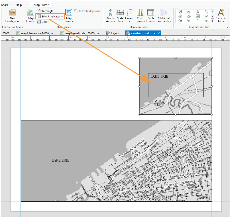 ArcGIS Pro layout map of Cleveland in which the extent indicator is highlighted with an orange box and a line with an arrow is pointing to the small scale map with the extent box.