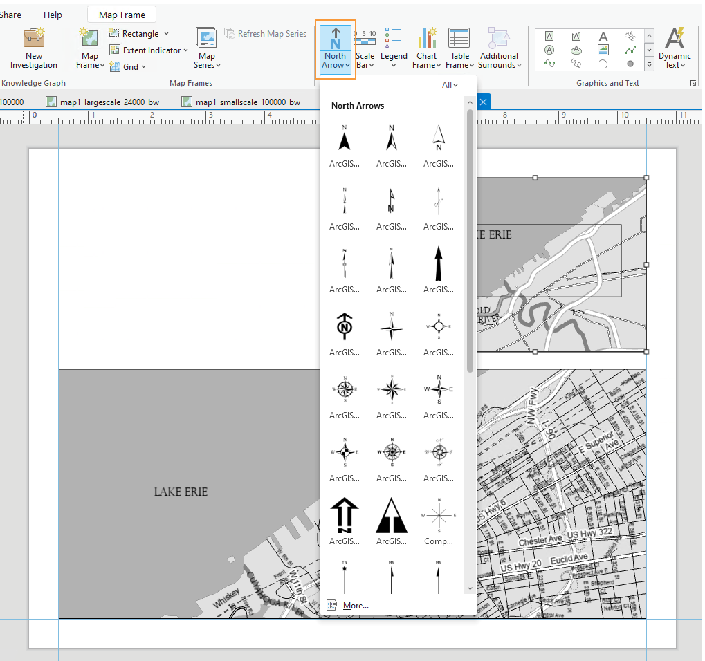 ArcGIS Pro interface with the North arrow highlighted with an orange box.