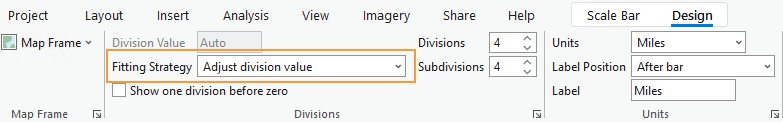 Scale bar design ribbon with the Fitting Strategy option highlighted with an orange box.