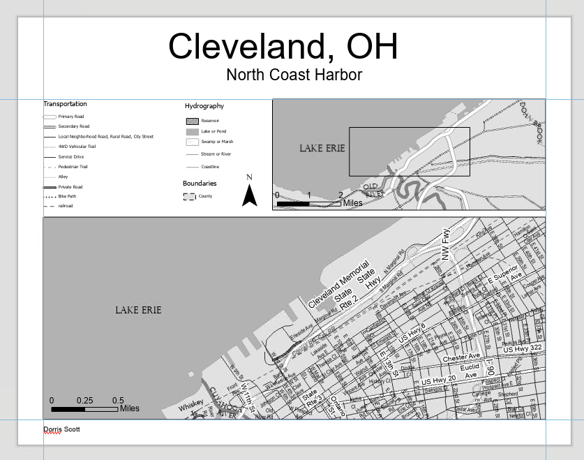 Black and white map layout of the North Coast Harbor in Cleveland, Ohio.