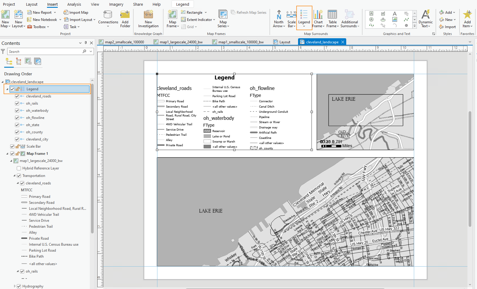 ArcGIS Pro Interface showing the map layout and drawing order panel. The legend in the drawing order panel is highlighted with an orange box and the legend button in the ribbon is highlighted with an orange box.