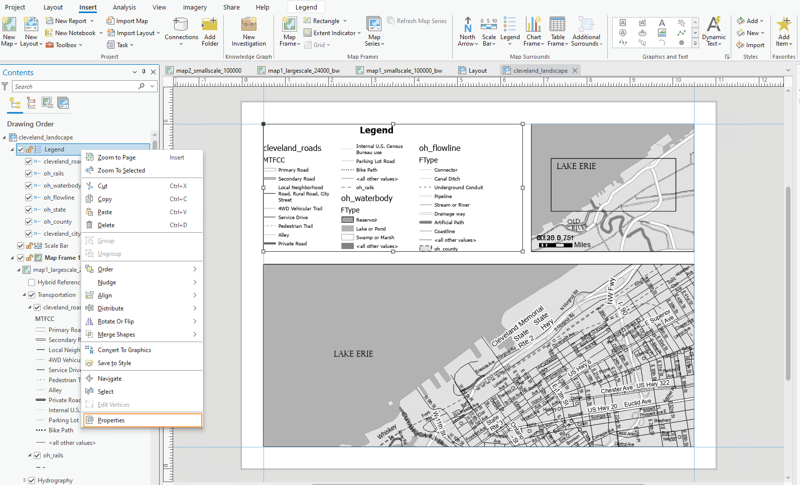 ArcGIS Pro interface with the drop down menu on display after right-clicking the legend. Properties is highlighted with an orange box.