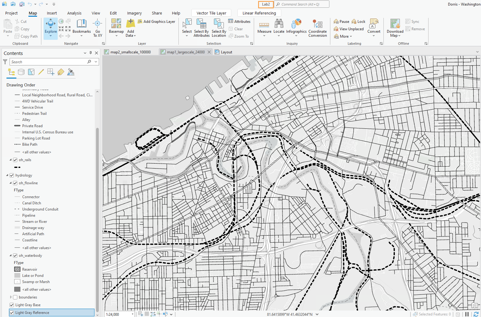 ArcGIS Pro interface showing a map of Cleveland in grey scale with the Lab2 project name highlighted with an orange box.