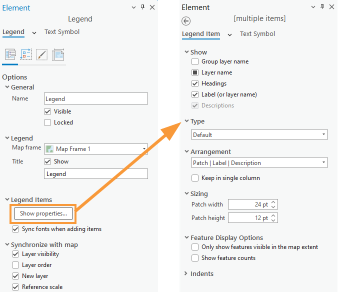 Two legend properties panels with an orange box highlighting the shows properties button in which an orange arrow points to the second properties panel.