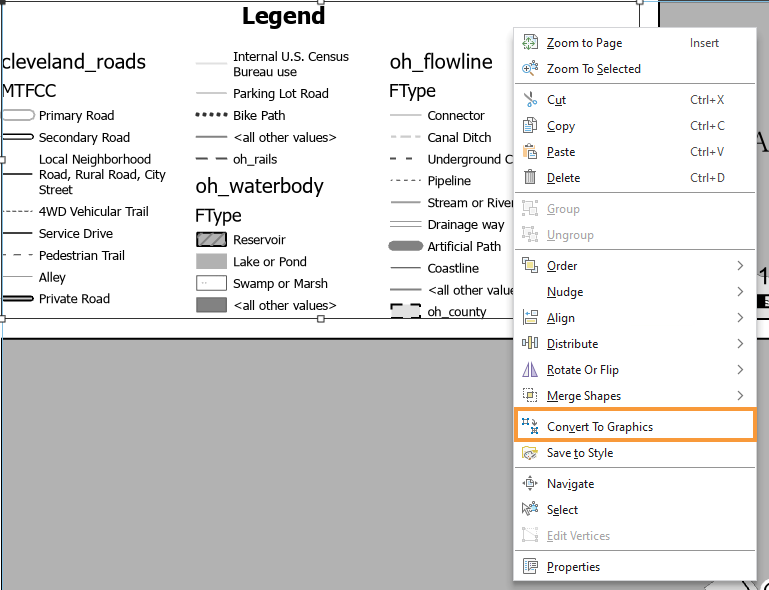 ArcGIS Pro options drop down menu highlighting the Convert to Graphics option with an orange box. The map layout legend is in the background.