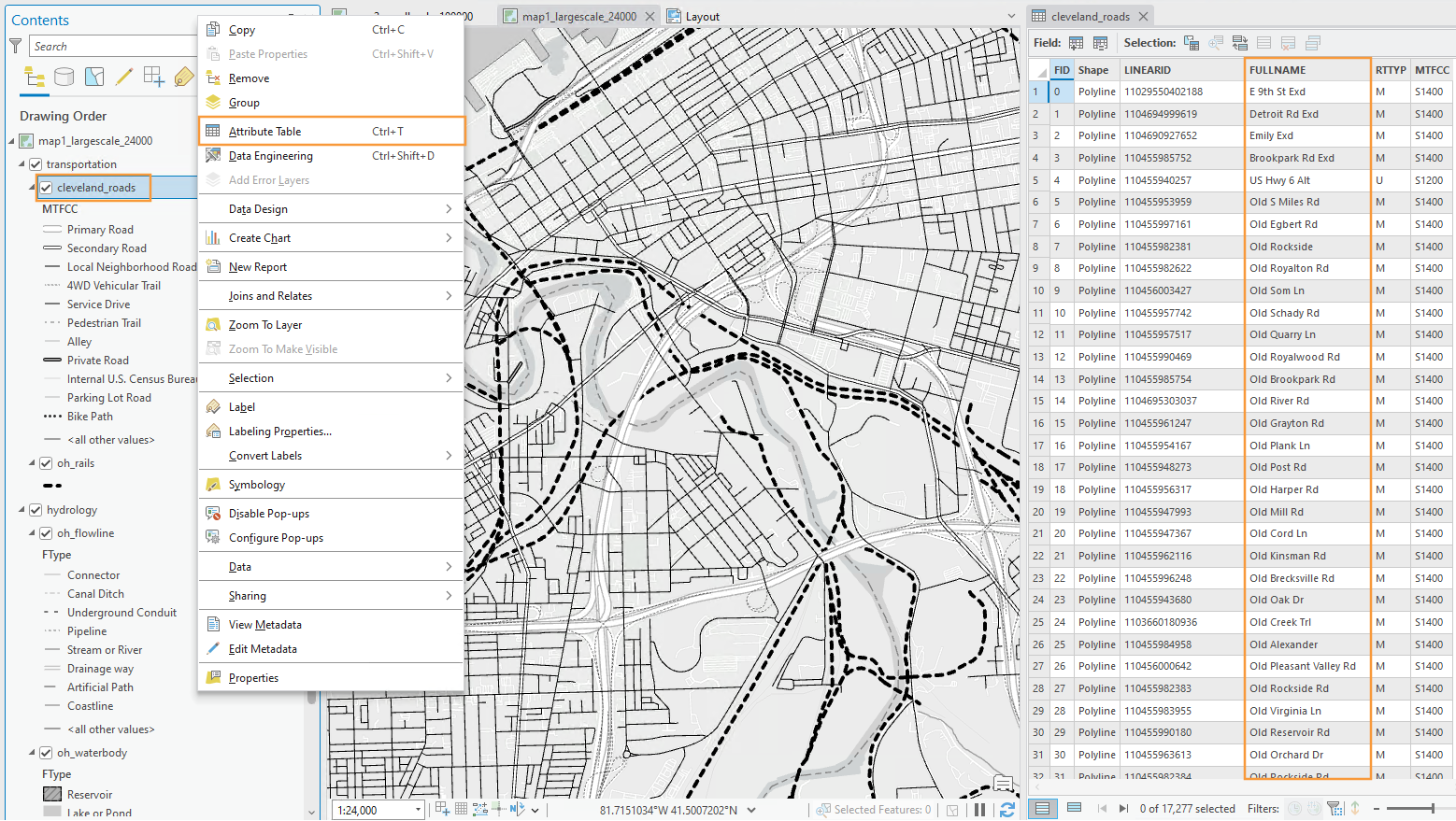 ArcGIS Pro interface showing the attribute option in the menu panel which is highlighted in orange text and the attribute table of cleveland_roads in which the FULLNAME field is highlighted with an orange box.